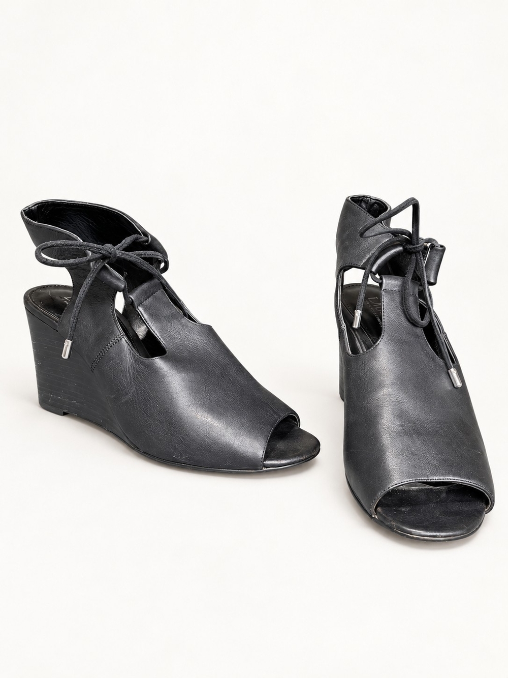 Ralph Lauren Black Lace-Up Peep-Toe Wedge Sandals